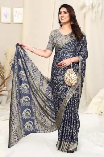 Navy Blue Chiffon Peacock Madhubani Print Saree With Unstitched Blouse Piece