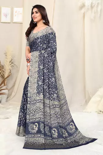 Navy Blue Chiffon Peacock Madhubani Print Saree With Unstitched Blouse Piece
