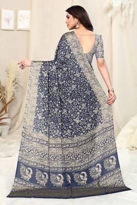 Navy Blue Chiffon Peacock Madhubani Print Saree With Unstitched Blouse Piece 4