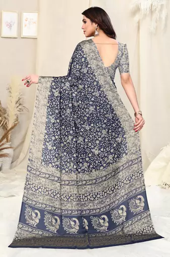 Navy Blue Chiffon Peacock Madhubani Print Saree With Unstitched Blouse Piece
