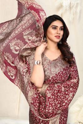Maroon Chiffon Peacock Madhubani Print Saree With Unstitched Blouse Piece 1