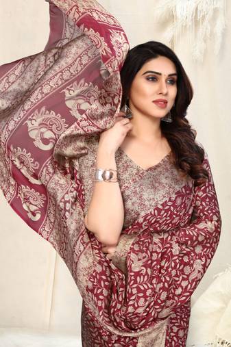 Maroon Chiffon Peacock Madhubani Print Saree With Unstitched Blouse Piece