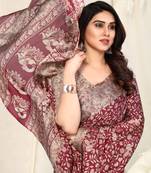 Maroon Chiffon Peacock Madhubani Print Saree With Unstitched Blouse Piece