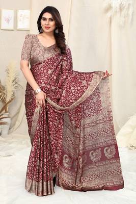 Maroon Chiffon Peacock Madhubani Print Saree With Unstitched Blouse Piece 2