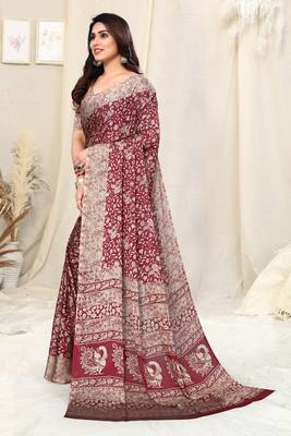 Maroon Chiffon Peacock Madhubani Print Saree With Unstitched Blouse Piece 3