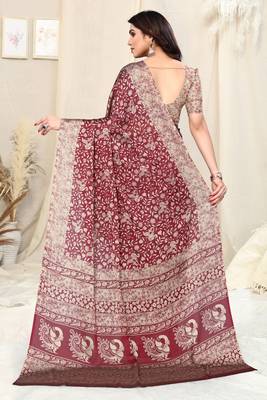 Maroon Chiffon Peacock Madhubani Print Saree With Unstitched Blouse Piece 4