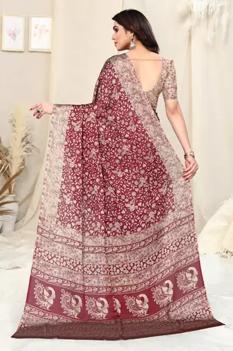 Maroon Chiffon Peacock Madhubani Print Saree With Unstitched Blouse Piece
