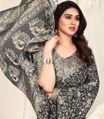 Black Chiffon Peacock Madhubani Print Saree With Unstitched Blouse Piece