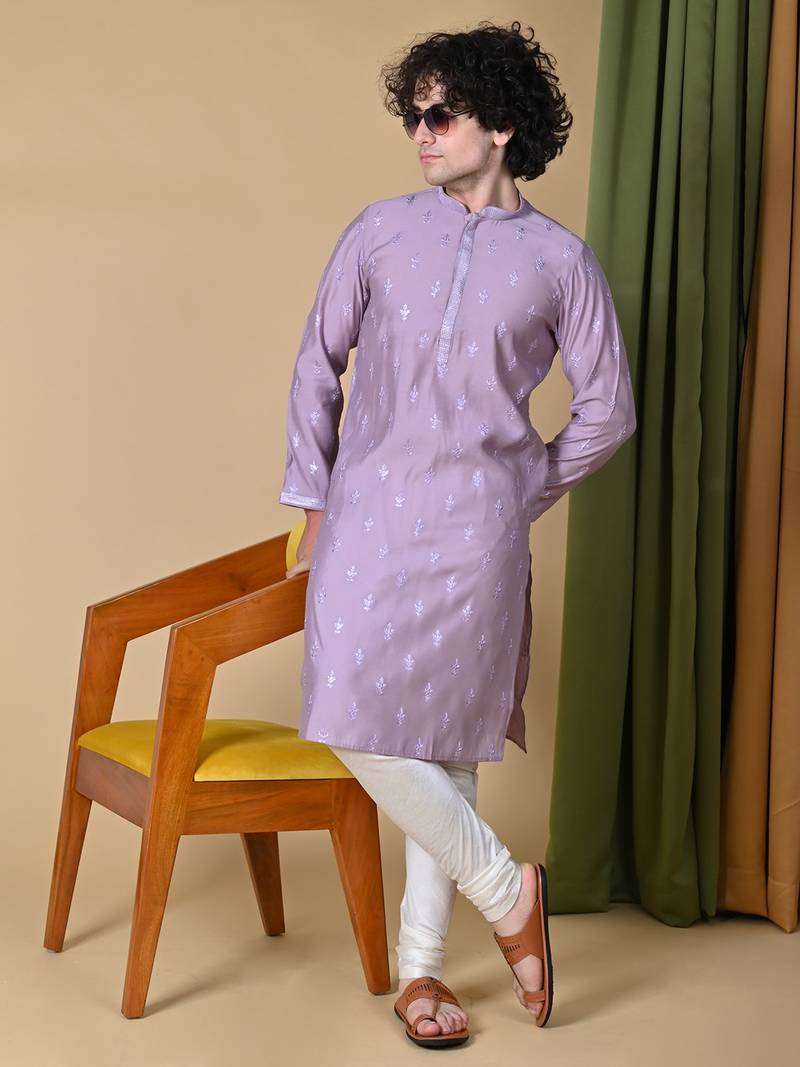 Maahii Fabs Lilac Mulberry Silk Kurta Churidar Set for Men