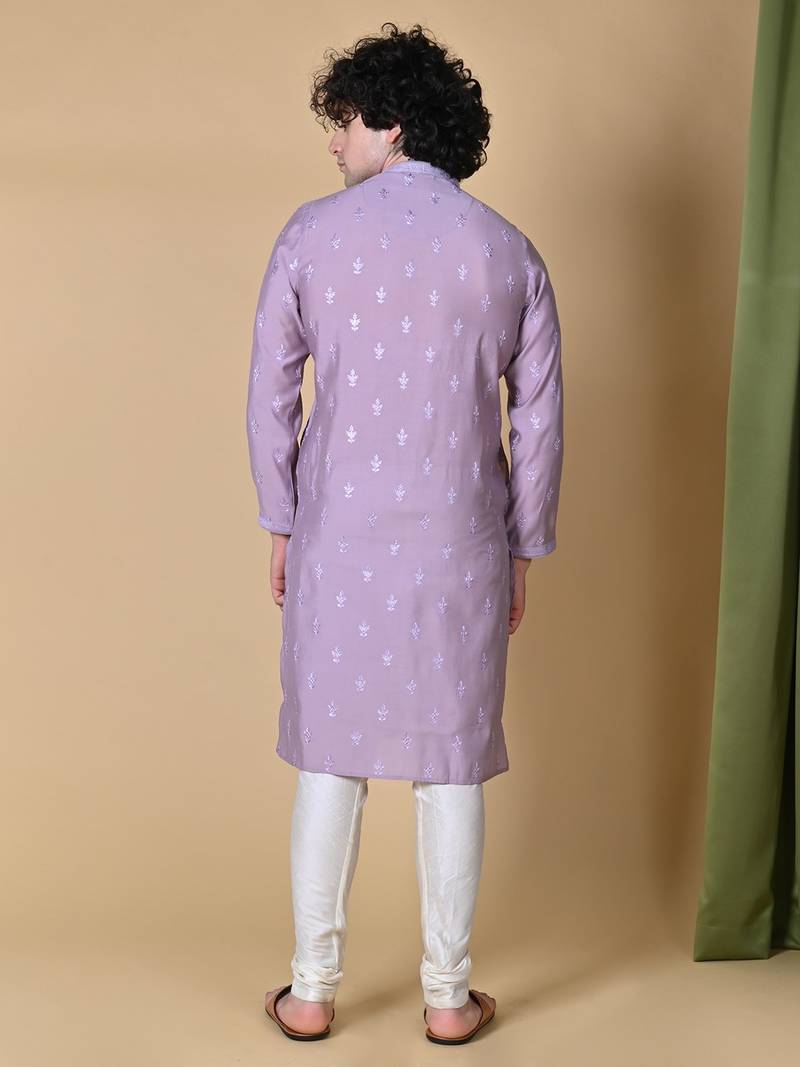 Maahii Fabs Lilac Mulberry Silk Kurta Churidar Set for Men