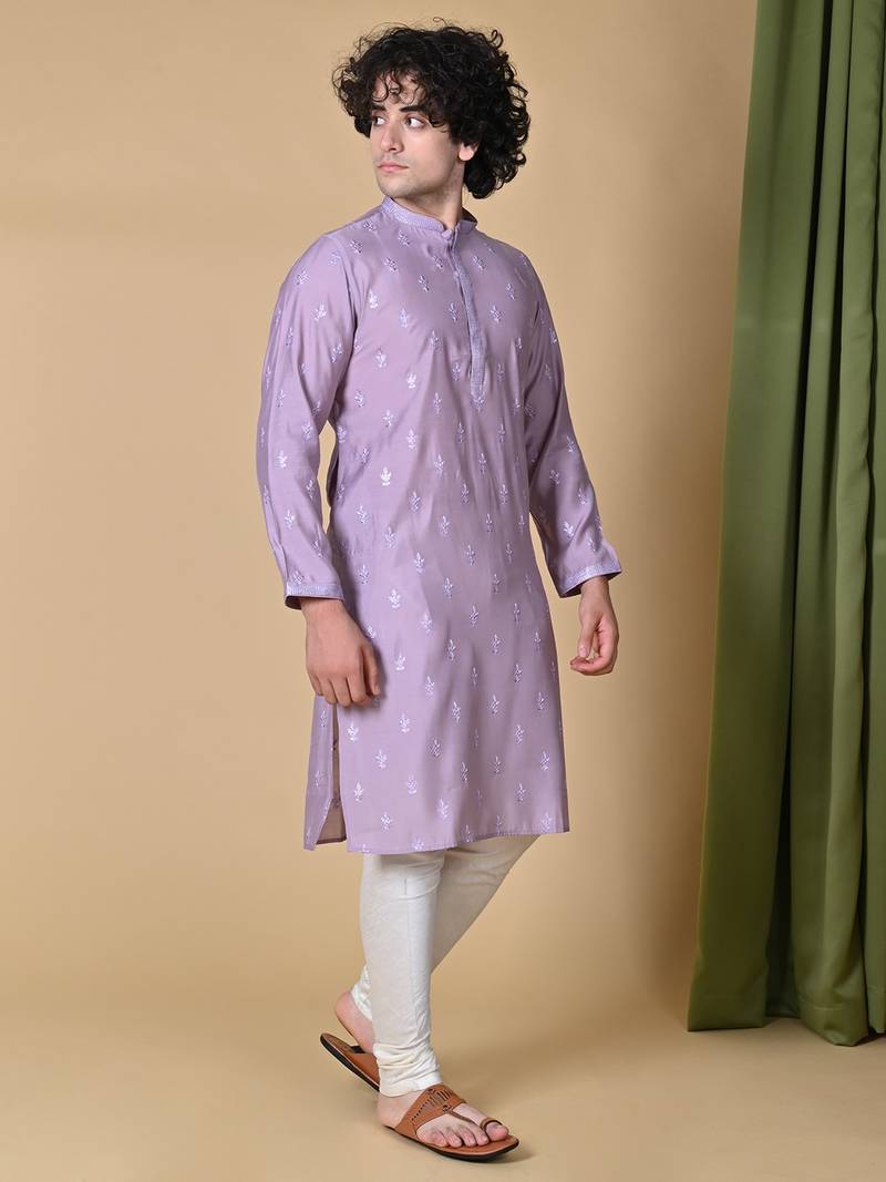 Maahii Fabs Lilac Mulberry Silk Kurta Churidar Set for Men