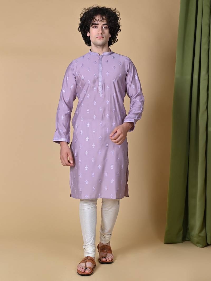 Maahii Fabs Lilac Mulberry Silk Kurta Churidar Set for Men