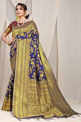 Blue pure silk with gold zari Faux kanchipuram saree with blouse 1