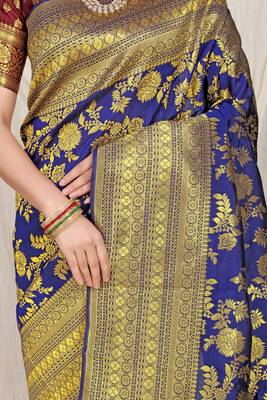 Blue pure silk with gold zari Faux kanchipuram saree with blouse 3