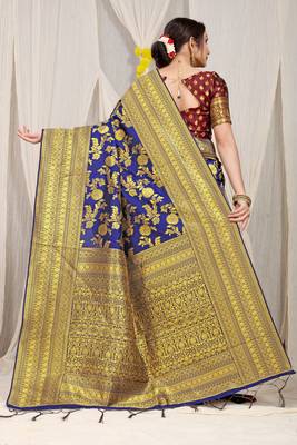 Blue pure silk with gold zari Faux kanchipuram saree with blouse 4