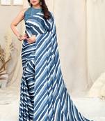 Greyish Blue Satin Leheriya Stripe Print Crochet Tassels Lace Saree With Unstitched Blouse Piece
