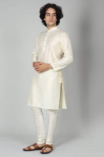 Maahii Fabs Cream Silk Blend Kurta Churidar Set for Men
