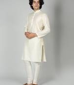 Cream Silk Blend Kurta Churidar Set for Men