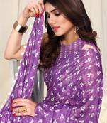 Purple Satin Geometric Block Print Pom Pom Lace Saree With Unstitched Blouse Piece