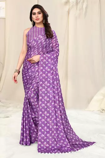 Purple Satin Geometric Block Print Pom Pom Lace Saree With Unstitched Blouse Piece