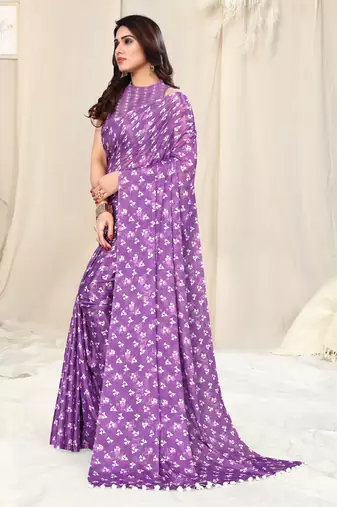 Purple Satin Geometric Block Print Pom Pom Lace Saree With Unstitched Blouse Piece