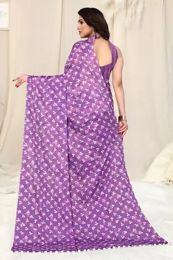 Purple Satin Geometric Block Print Pom Pom Lace Saree With Unstitched Blouse Piece