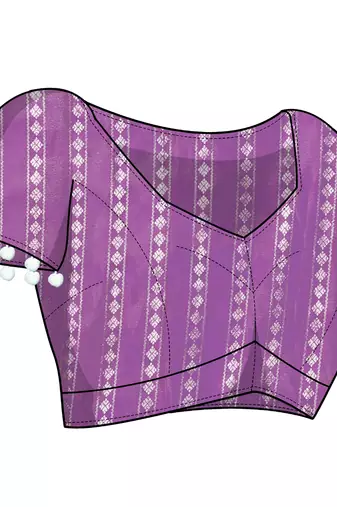 Purple Satin Geometric Block Print Pom Pom Lace Saree With Unstitched Blouse Piece