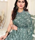 Dusty olive green satin block print pom pom lace saree with unstitched blouse piece