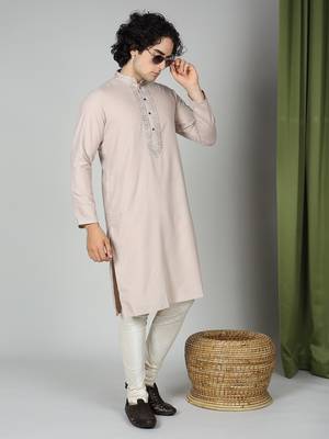 Pastel Pink Cotton Kurta Churidar Set for Men 7
