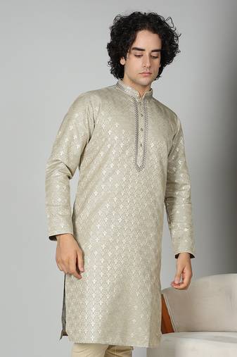 Grey Silk Blend Kurta Churidar Set for Men