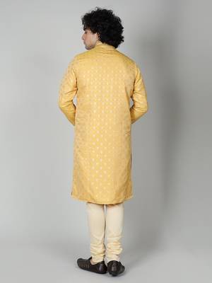 Yellow Silk Blend Kurta Churidar Set for Men 2