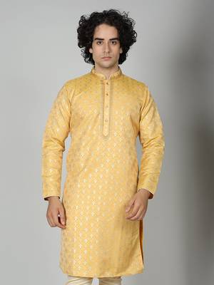 Yellow Silk Blend Kurta Churidar Set for Men 3