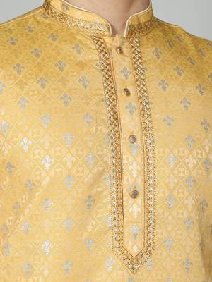 Yellow Silk Blend Kurta Churidar Set for Men 4