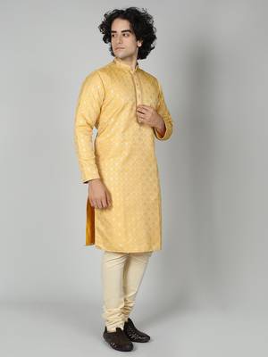 Yellow Silk Blend Kurta Churidar Set for Men 5