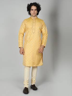 Yellow Silk Blend Kurta Churidar Set for Men 6