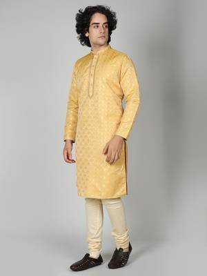 Yellow Silk Blend Kurta Churidar Set for Men 7
