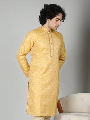 Yellow Silk Blend Kurta Churidar Set for Men 8