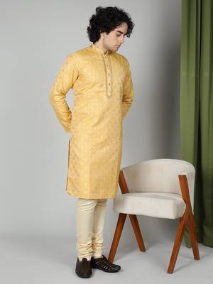 Yellow Silk Blend Kurta Churidar Set for Men 1