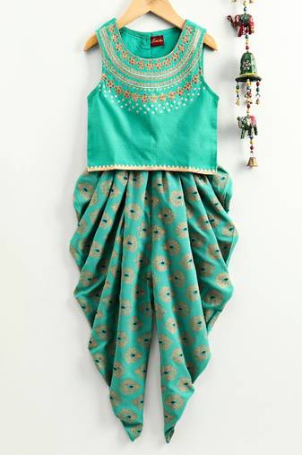 Embroidered Top With Pirnted Dhoti Pants - Sea Green