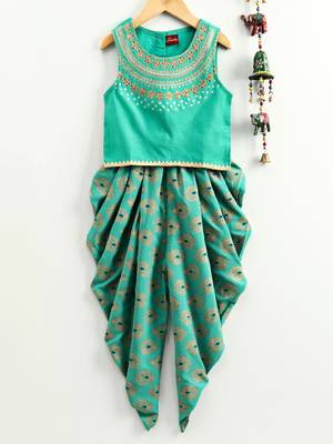 Embroidered Top With Pirnted Dhoti Pants - Sea Green 1