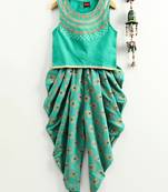 Embroidered Top With Pirnted Dhoti Pants - Sea Green
