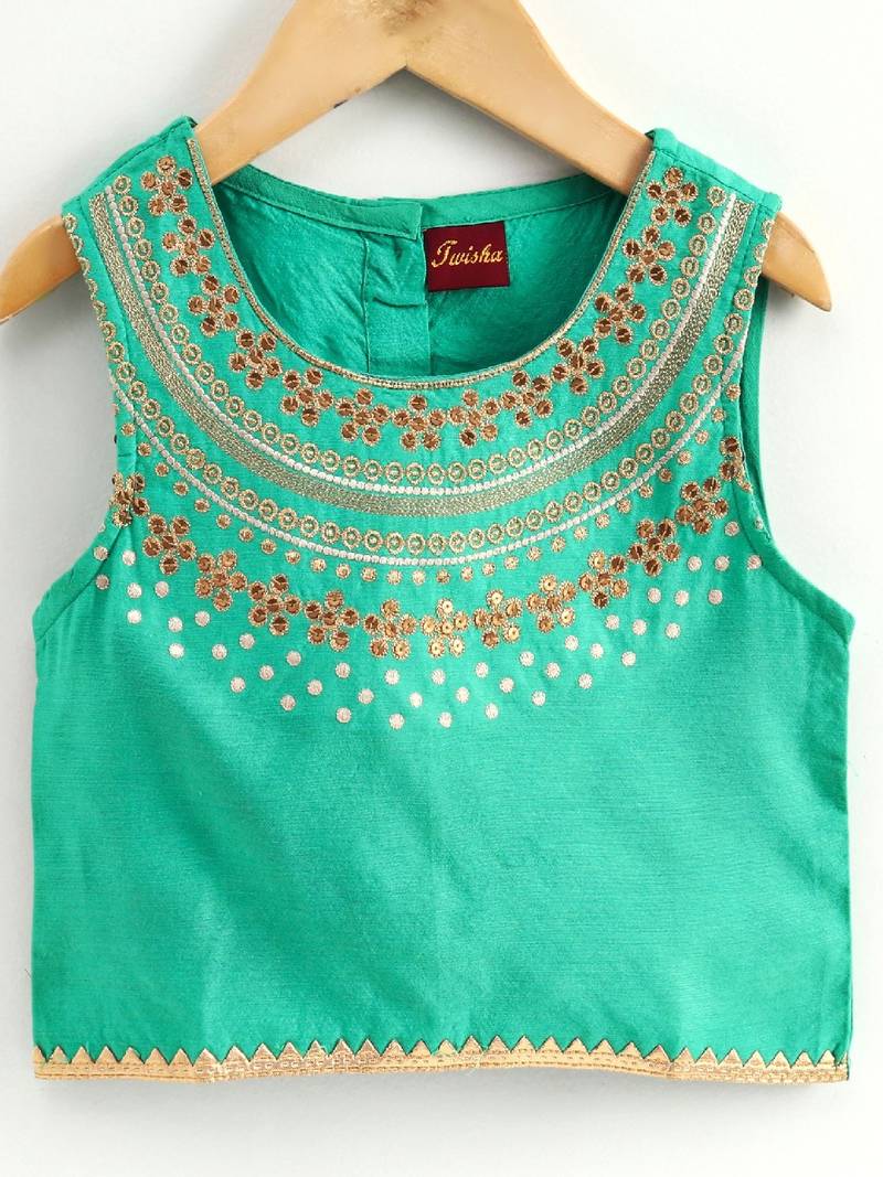 Embroidered Top With Pirnted Dhoti Pants - Sea Green