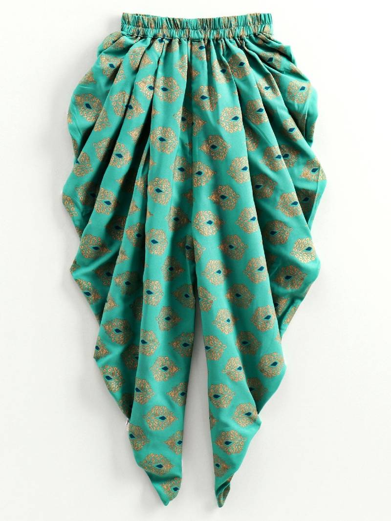 Embroidered Top With Pirnted Dhoti Pants - Sea Green