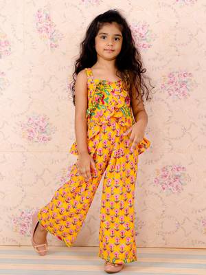 Sleeveless Floral Motif Print Ruffle Top With Flared Palazzo- Yellow 1