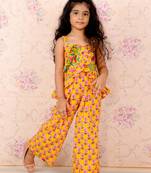 Sleeveless Floral Motif Print Ruffle Top With Flared Palazzo- Yellow