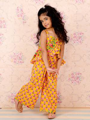 Sleeveless Floral Motif Print Ruffle Top With Flared Palazzo- Yellow 2