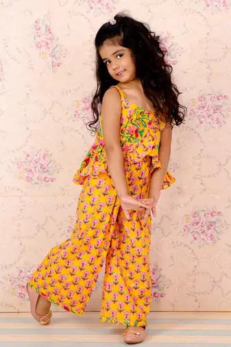 Sleeveless Floral Motif Print Ruffle Top With Flared Palazzo- Yellow