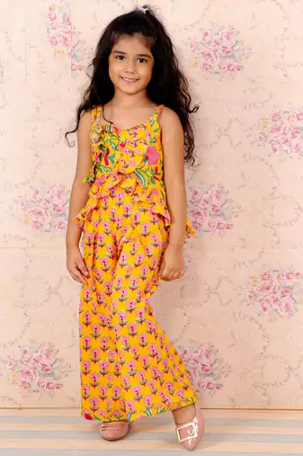 Sleeveless Floral Motif Print Ruffle Top With Flared Palazzo- Yellow