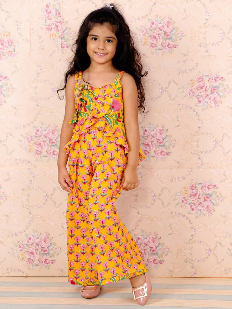 Sleeveless Floral Motif Print Ruffle Top With Flared Palazzo- Yellow