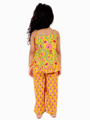Sleeveless Floral Motif Print Ruffle Top With Flared Palazzo- Yellow 4